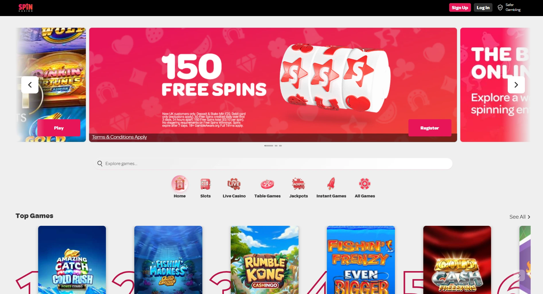 Spin Casino homepage screenshot supplied in the operator article