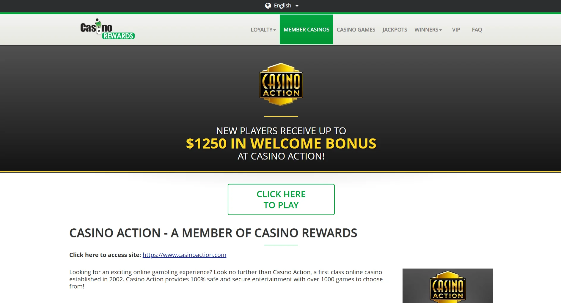 Casino Action website screenshot supplied in the operator article