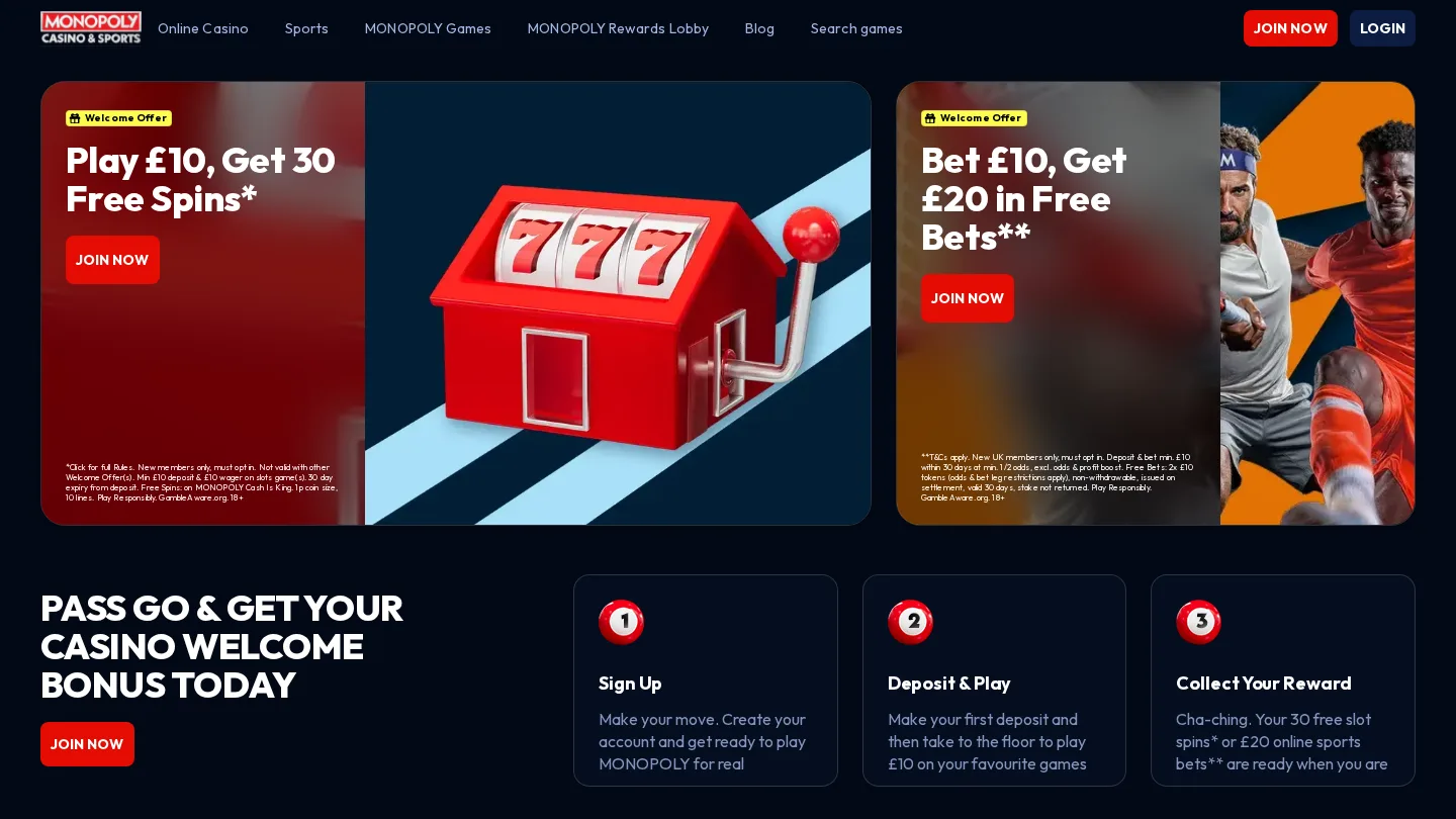Monopoly Casino website homepage screenshot